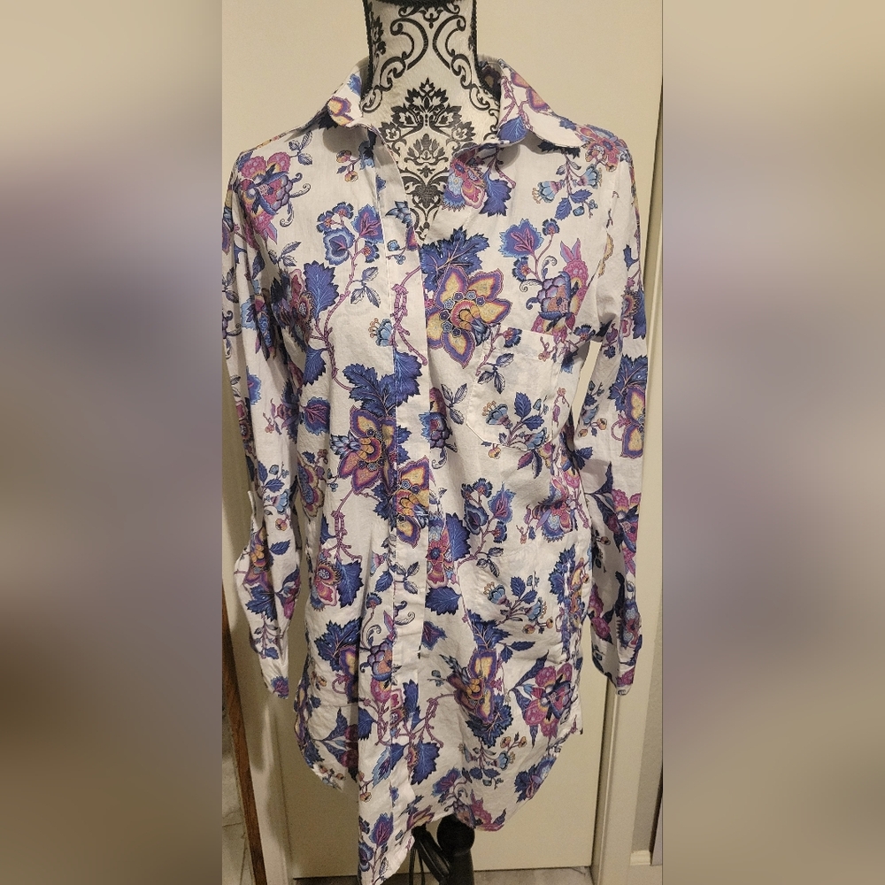 Zara Basic Collection Women Floral Long Sleeve Blouse Roll Tab Sleeve Med